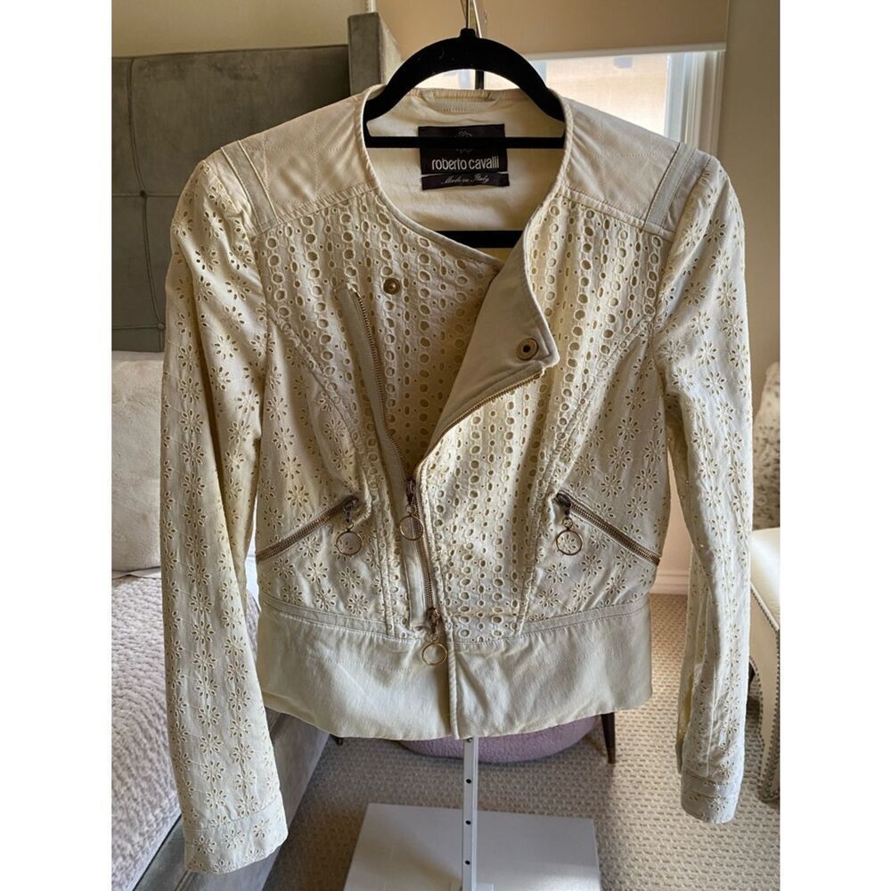 Roberto Cavalli Cream Eyelet Perforated Leather Jacket